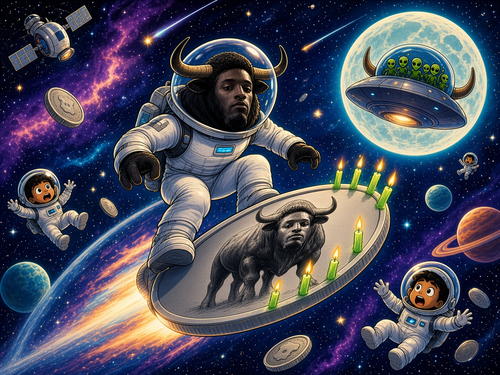 Bull surfing a silver coin through space